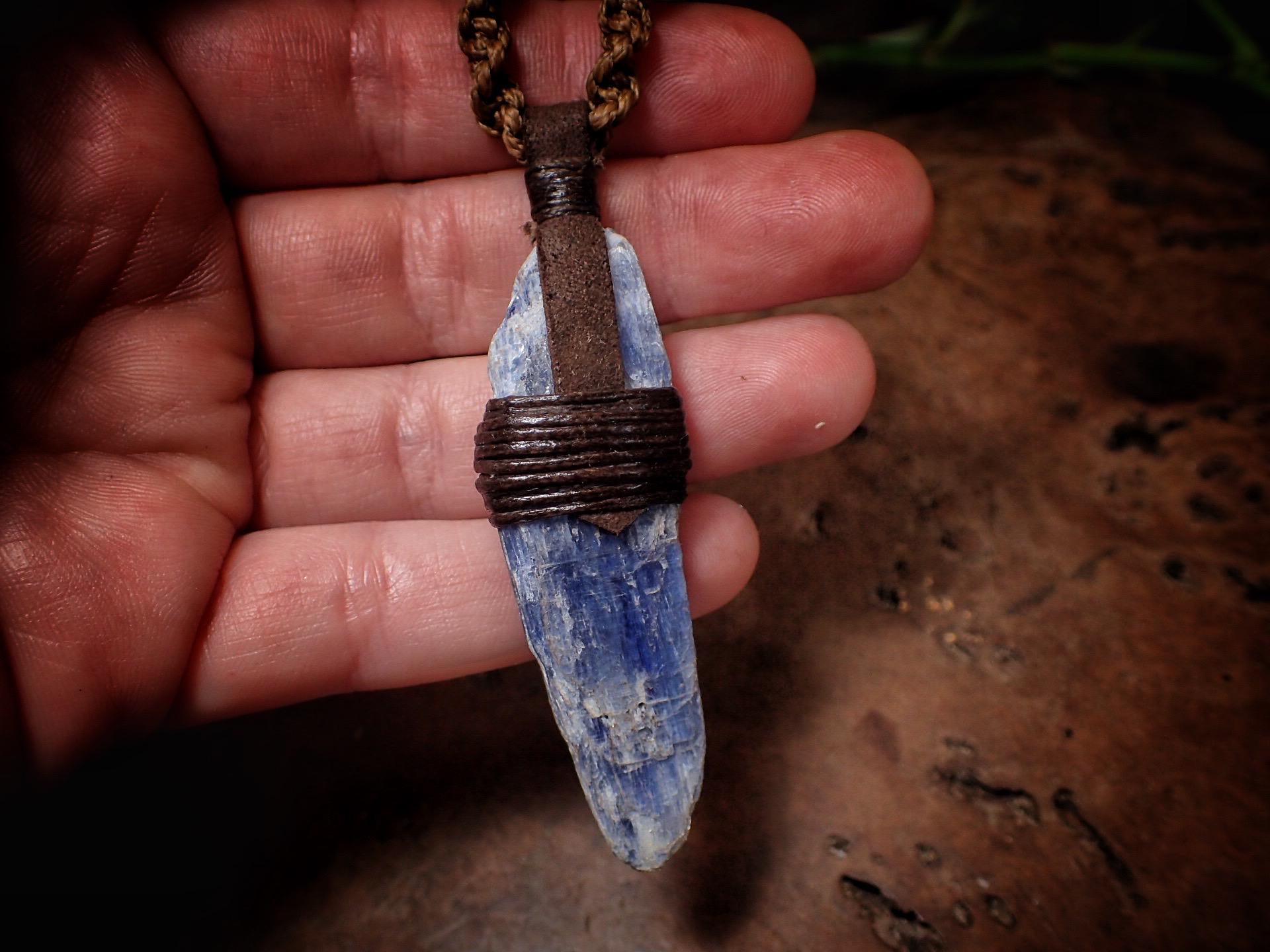 Blue Kyanite Crystal Pendant on Hand Woven Adjustable Macrame Style Necklace