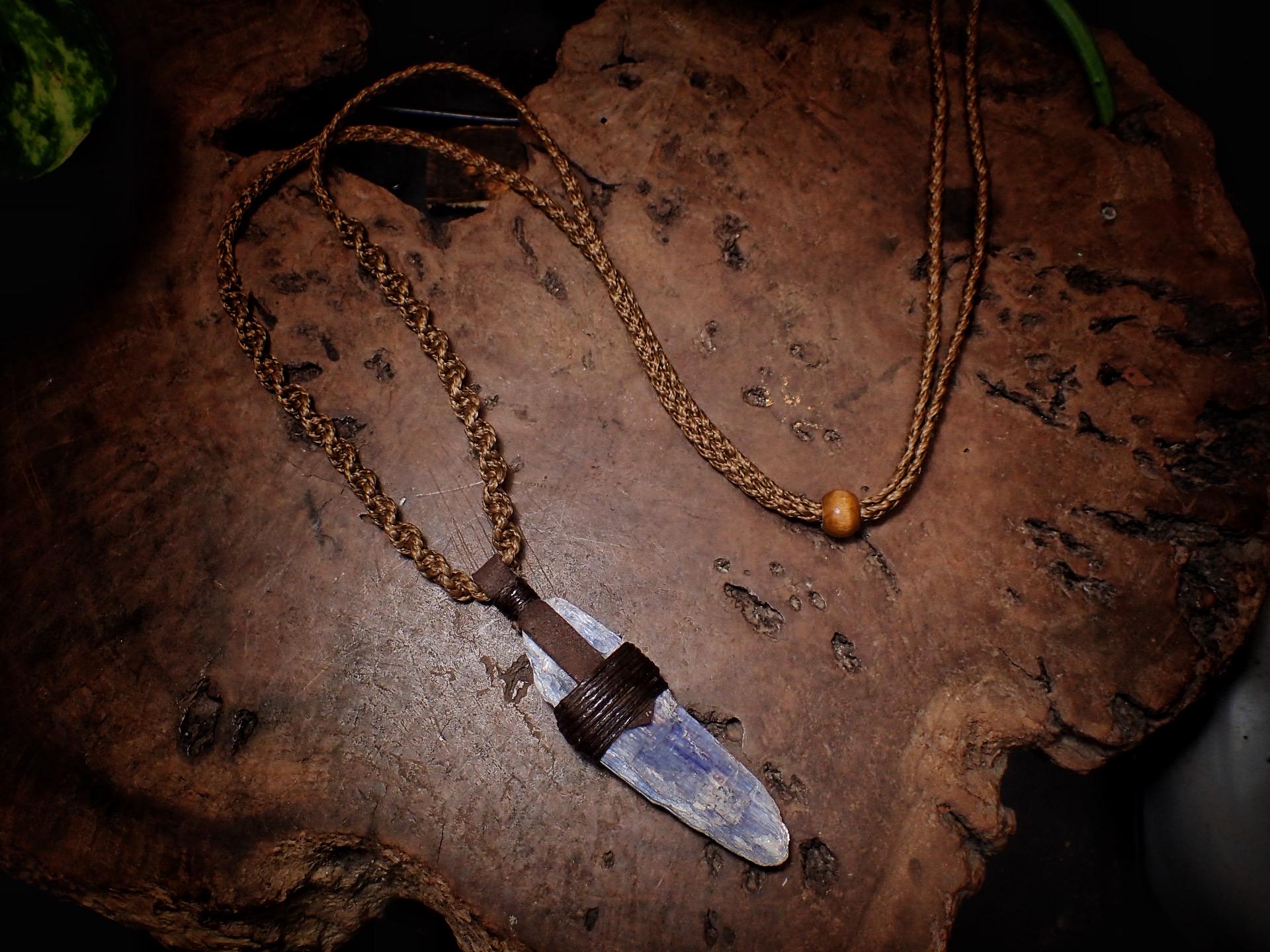 Blue Kyanite Crystal Pendant on Hand Woven Adjustable Macrame Style Necklace