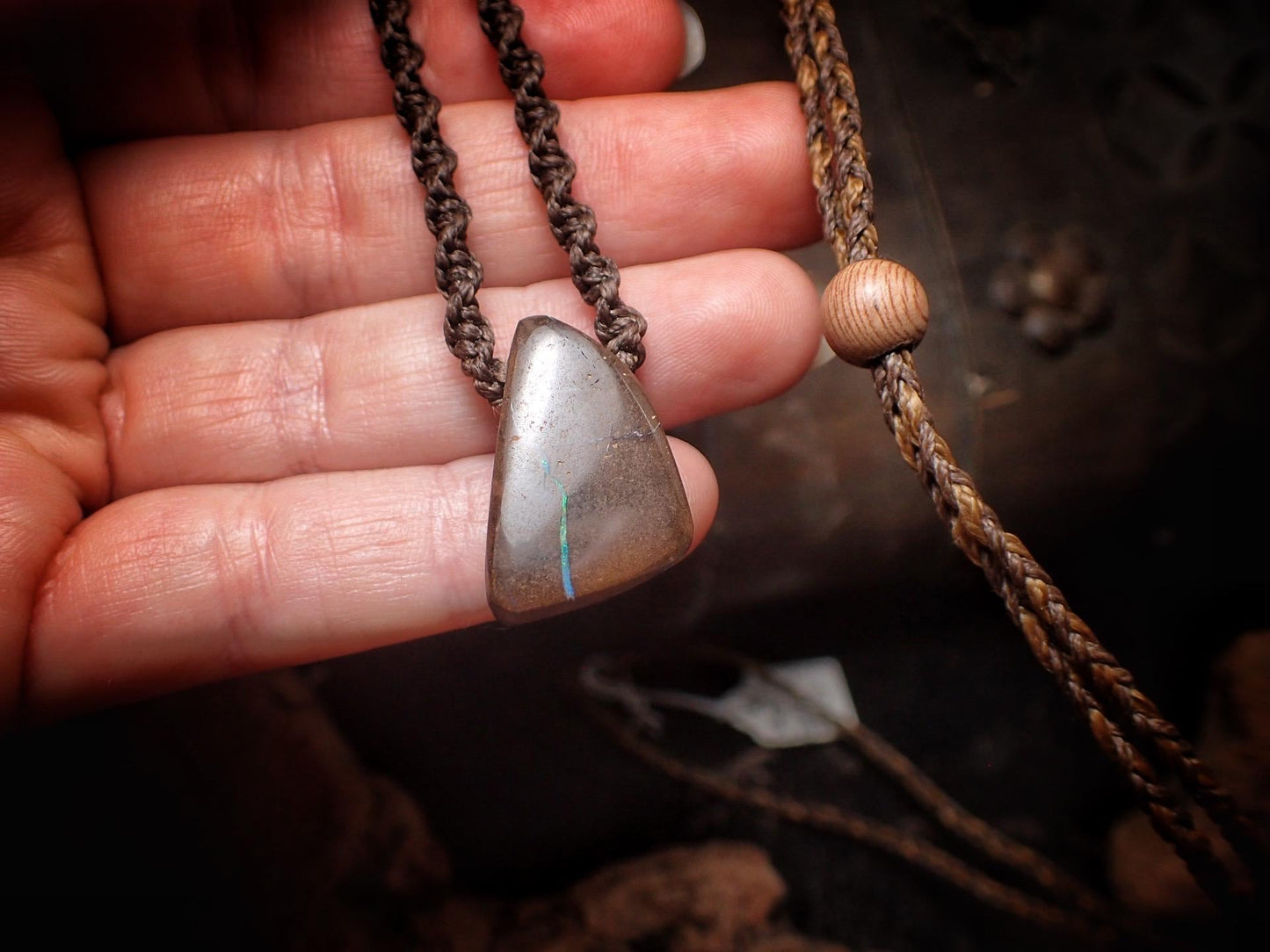 Boulder Opal Pendant On Hand Woven Adjustable Macrame Style Necklace