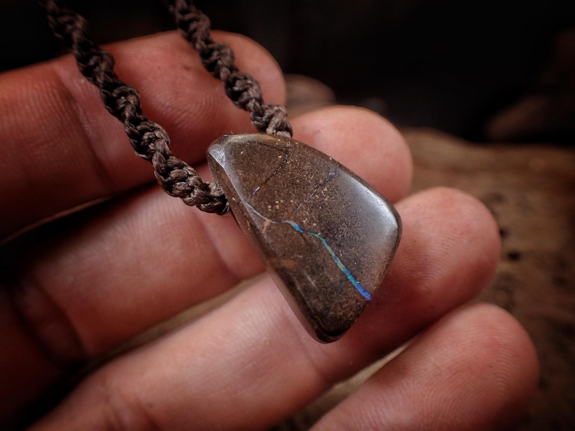 Boulder Opal Pendant On Hand Woven Adjustable Macrame Style Necklace