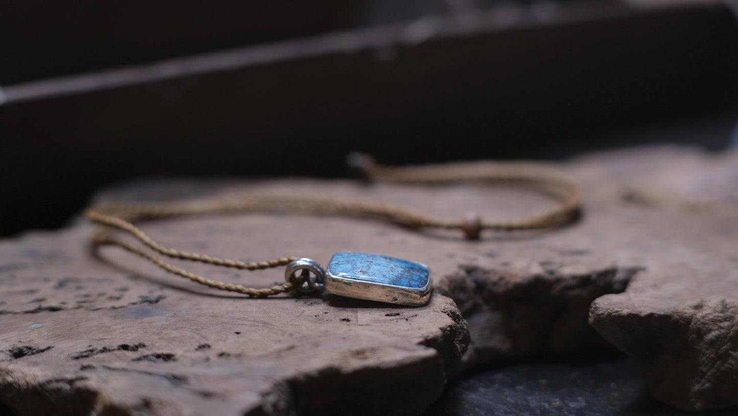 Natural Turquoise and Sterling Silver Pendant On Adjustable Handwoven Cord