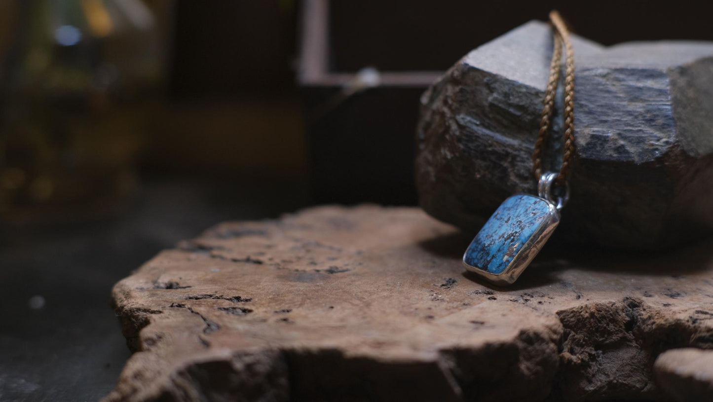 Natural Turquoise and Sterling Silver Pendant On Adjustable Handwoven Cord