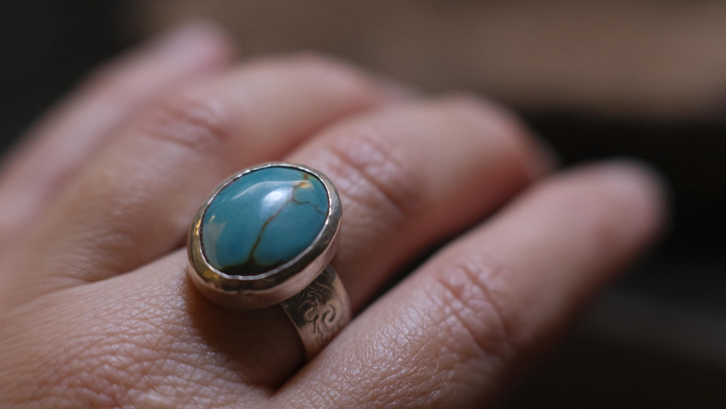 Lively blue natural turquoise ring set in sterling silver