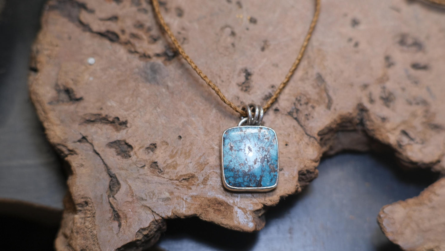 Natural Turquoise and Sterling Silver Pendant On Adjustable Handwoven Cord