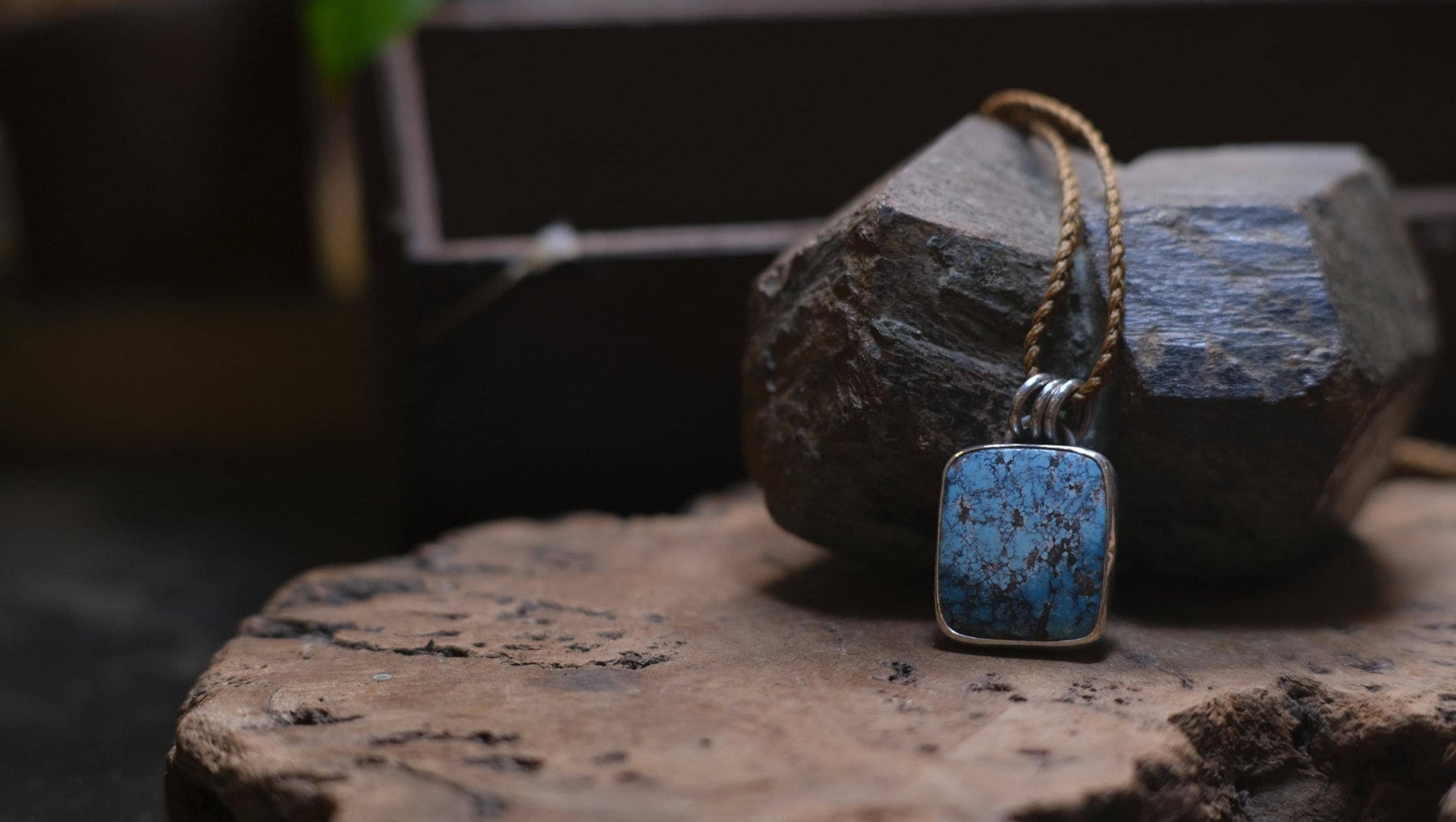 Natural Turquoise and Sterling Silver Pendant On Adjustable Handwoven Cord